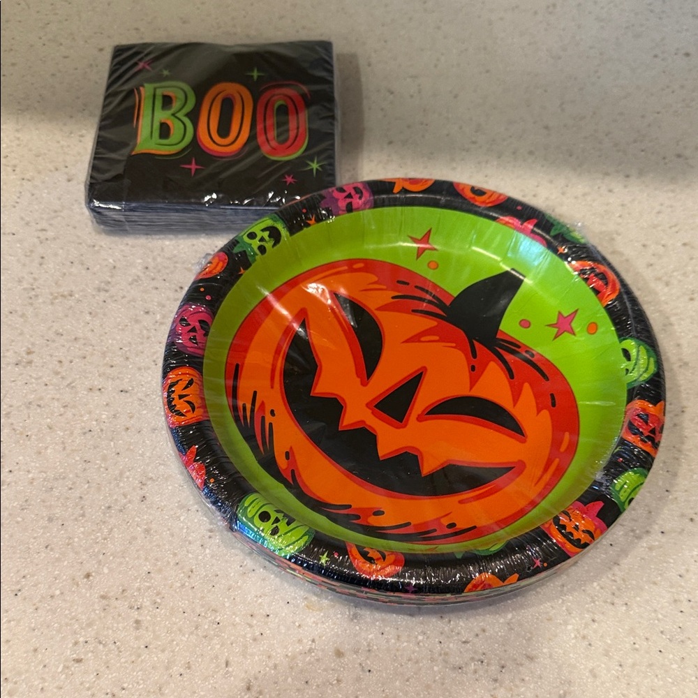 Spooky Pumpkin Party Plates and Boo Napkins Set